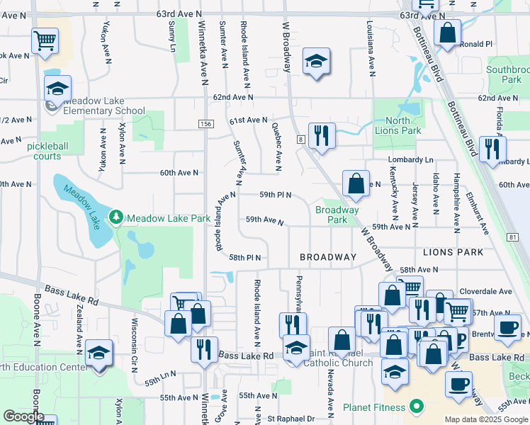 map of restaurants, bars, coffee shops, grocery stores, and more near 7625 59th Place North in Minneapolis