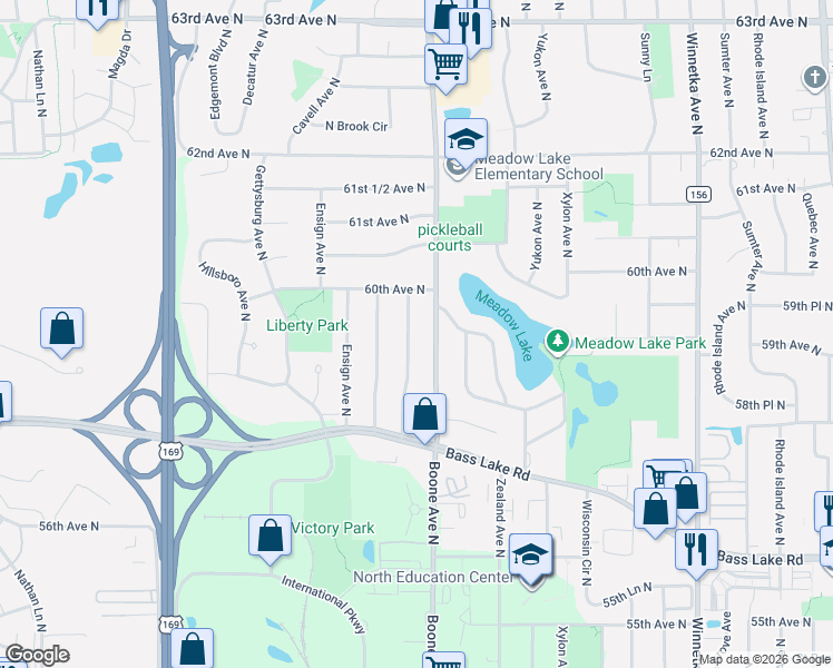 map of restaurants, bars, coffee shops, grocery stores, and more near 5948 Cavell Avenue North in Minneapolis