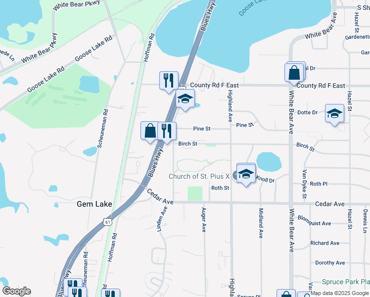 map of restaurants, bars, coffee shops, grocery stores, and more near 1816 Birch Street in White Bear Lake