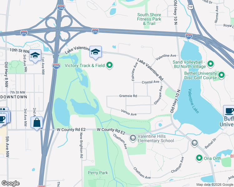 map of restaurants, bars, coffee shops, grocery stores, and more near 1841 Gramsie Road in Arden Hills