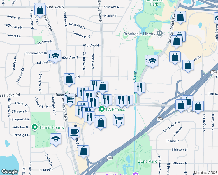 map of restaurants, bars, coffee shops, grocery stores, and more near 5837 North Washburn Avenue in Minneapolis