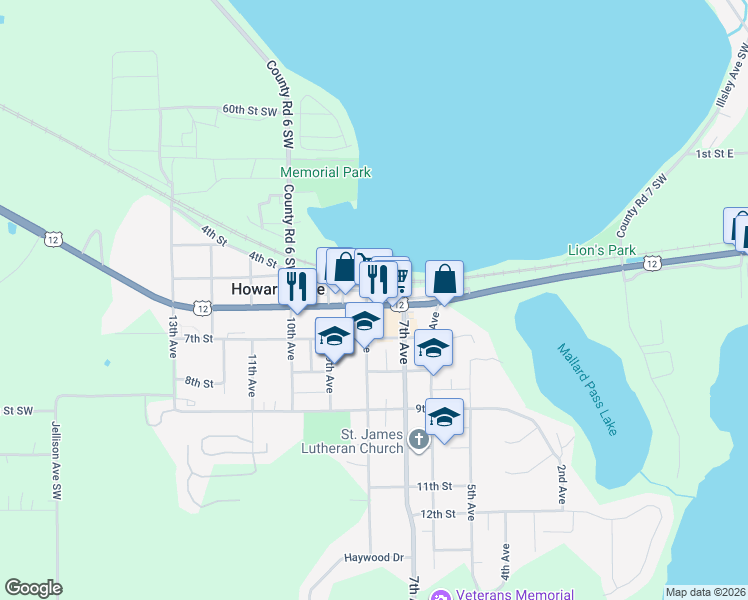 map of restaurants, bars, coffee shops, grocery stores, and more near 741 6th Street in Howard Lake