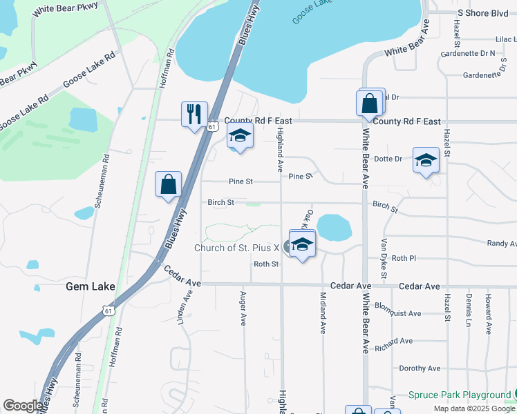 map of restaurants, bars, coffee shops, grocery stores, and more near 1851 Birch Street in White Bear Lake