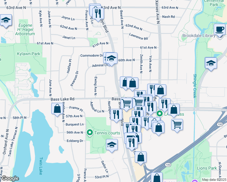 map of restaurants, bars, coffee shops, grocery stores, and more near 5831 Brooklyn Boulevard in Minneapolis