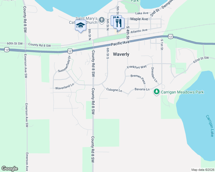 map of restaurants, bars, coffee shops, grocery stores, and more near 820 Cologne Lane in Waverly