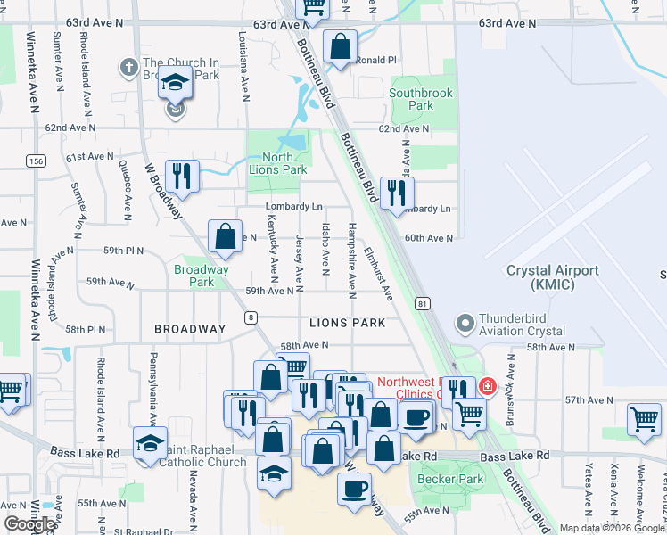 map of restaurants, bars, coffee shops, grocery stores, and more near 5942 Idaho Avenue North in Crystal