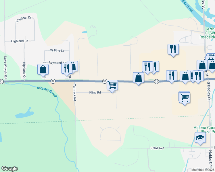 map of restaurants, bars, coffee shops, grocery stores, and more near 1693 Michigan 32 in Alpena