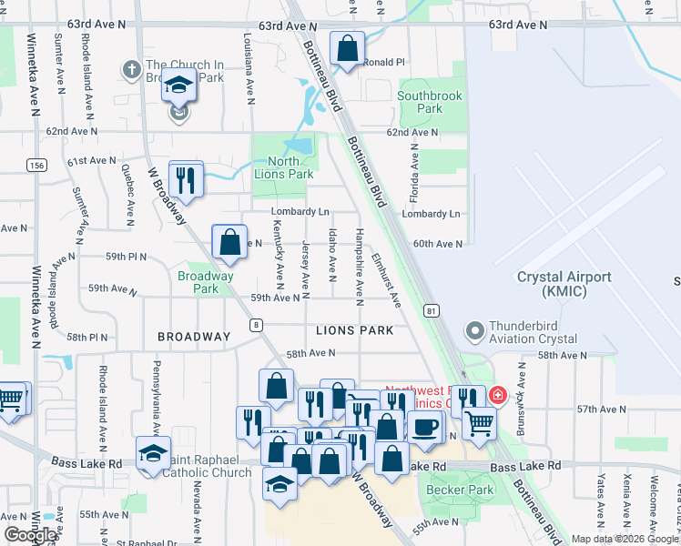 map of restaurants, bars, coffee shops, grocery stores, and more near 5942 Idaho Avenue North in Crystal