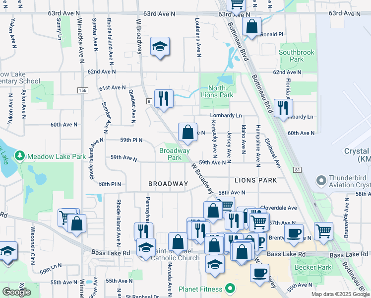 map of restaurants, bars, coffee shops, grocery stores, and more near 5930 West Broadway Avenue in Minneapolis