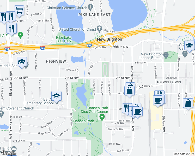 map of restaurants, bars, coffee shops, grocery stores, and more near 1237 7th Street Northwest in Saint Paul