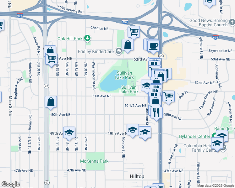 map of restaurants, bars, coffee shops, grocery stores, and more near 673 51st Avenue Northeast in Minneapolis