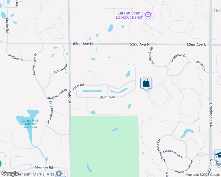 map of restaurants, bars, coffee shops, grocery stores, and more near 664 Aster Road in Medina