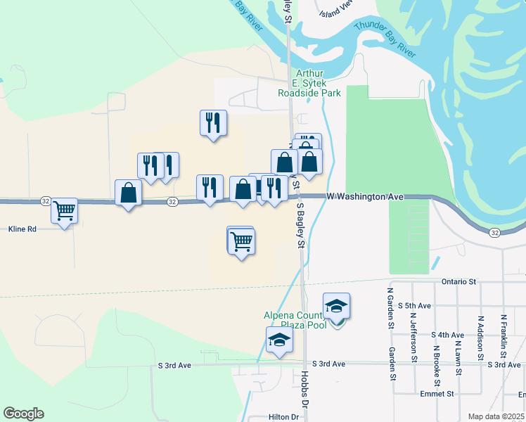 map of restaurants, bars, coffee shops, grocery stores, and more near 1037-1133 Highway 32 in Alpena