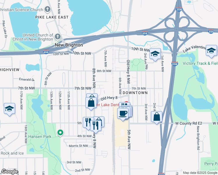 map of restaurants, bars, coffee shops, grocery stores, and more near 742 7th Avenue Northwest in New Brighton