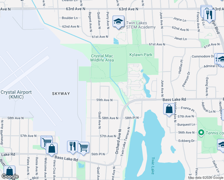 map of restaurants, bars, coffee shops, grocery stores, and more near 5940 Perry Avenue North in Minneapolis