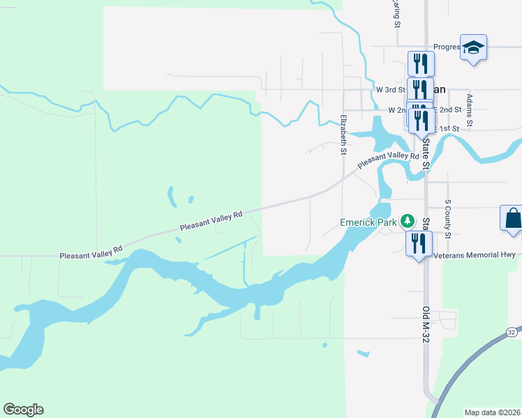 map of restaurants, bars, coffee shops, grocery stores, and more near Pleasant Valley Road in Hillman
