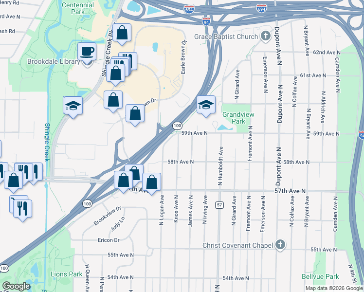map of restaurants, bars, coffee shops, grocery stores, and more near 5840 Lilac Drive North in Minneapolis