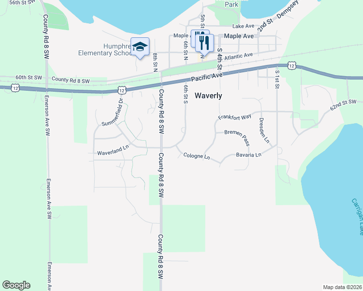 map of restaurants, bars, coffee shops, grocery stores, and more near 820 Cologne Lane in Waverly