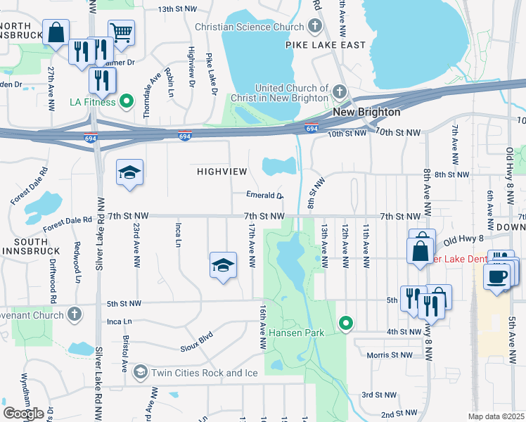 map of restaurants, bars, coffee shops, grocery stores, and more near 1580 7th Street Northwest in New Brighton