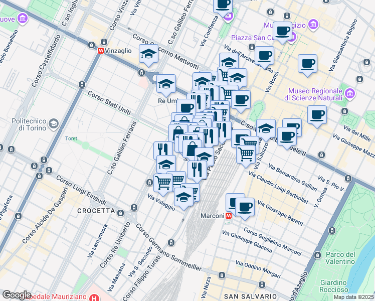 map of restaurants, bars, coffee shops, grocery stores, and more near 24 Via Vincenzo Gioberti in Torino