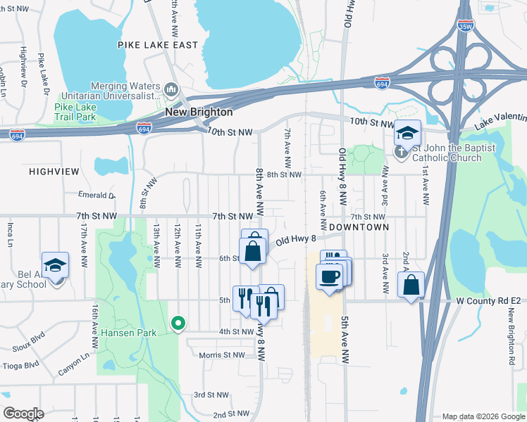 map of restaurants, bars, coffee shops, grocery stores, and more near 739 8th Avenue Northwest in New Brighton