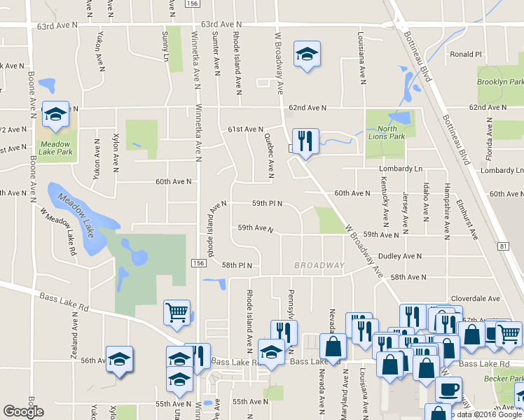 map of restaurants, bars, coffee shops, grocery stores, and more near 7625 59th Place North in Minneapolis
