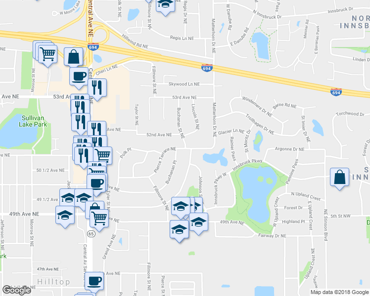 map of restaurants, bars, coffee shops, grocery stores, and more near 3830 Buchanan Street Northeast in Minneapolis