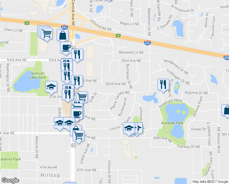 map of restaurants, bars, coffee shops, grocery stores, and more near 1275 Polk Place in Minneapolis