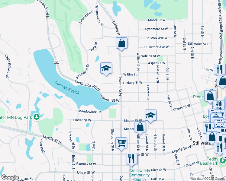 map of restaurants, bars, coffee shops, grocery stores, and more near 820 Maple Street West in Stillwater