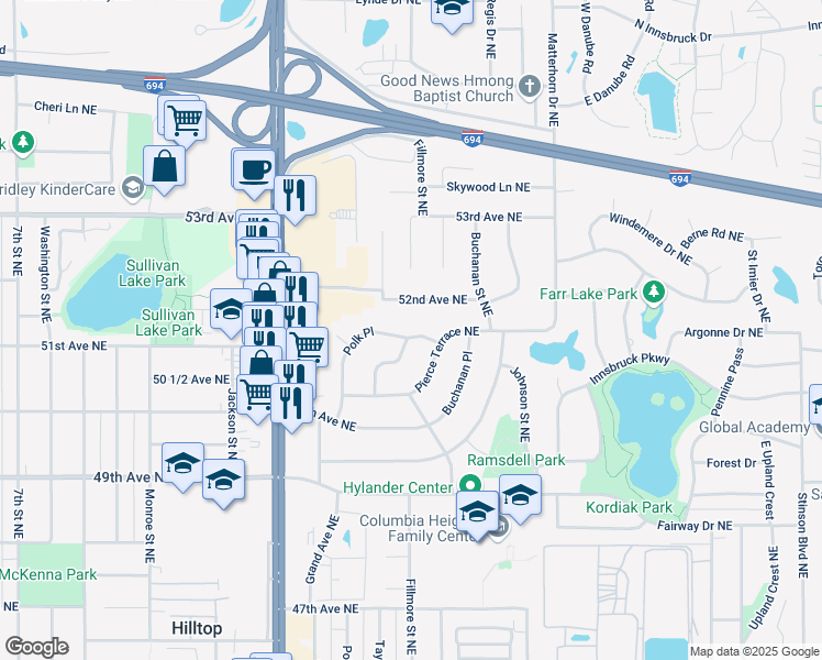map of restaurants, bars, coffee shops, grocery stores, and more near 1175 Polk Place in Minneapolis