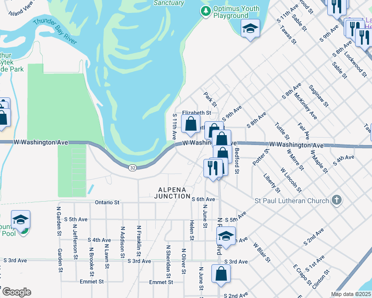 map of restaurants, bars, coffee shops, grocery stores, and more near 1035 West Washington Avenue in Alpena