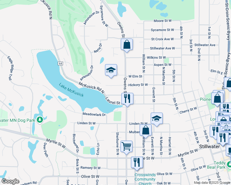 map of restaurants, bars, coffee shops, grocery stores, and more near 820 Maple Street West in Stillwater