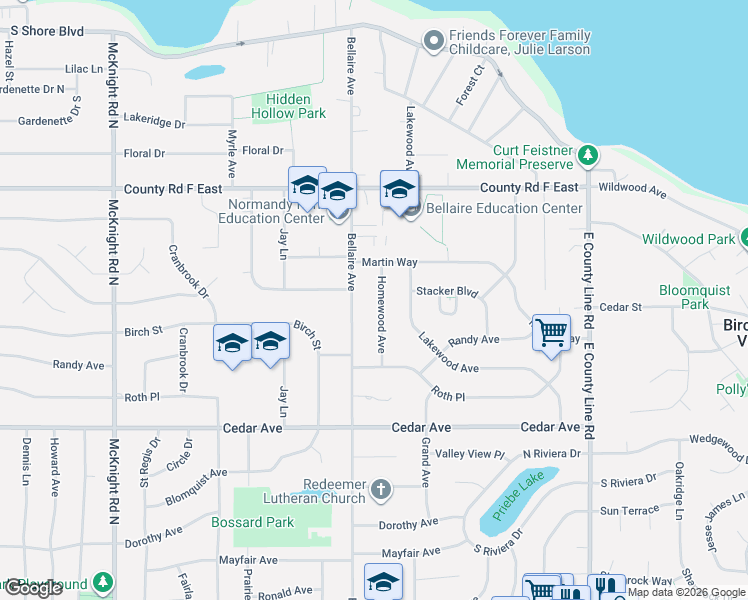 map of restaurants, bars, coffee shops, grocery stores, and more near 3975 Homewood Avenue in White Bear Lake