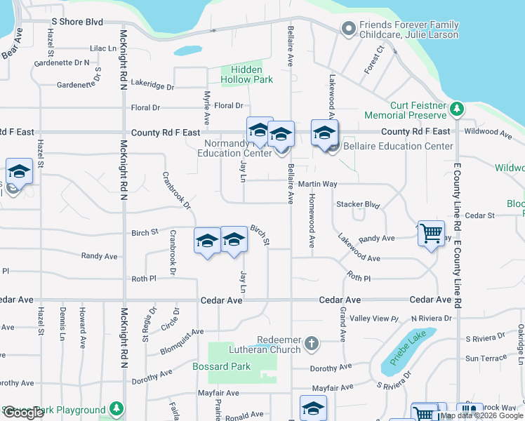 map of restaurants, bars, coffee shops, grocery stores, and more near 2450 Gisella Boulevard in White Bear Lake