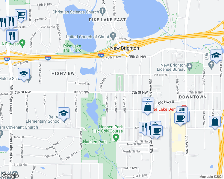 map of restaurants, bars, coffee shops, grocery stores, and more near 1380 7th Street Northwest in New Brighton