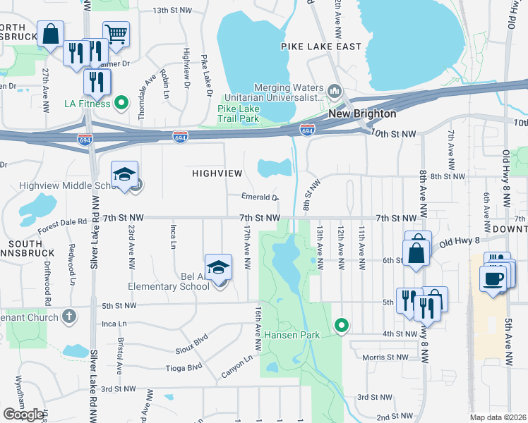 map of restaurants, bars, coffee shops, grocery stores, and more near 1621 Emerald Drive in New Brighton