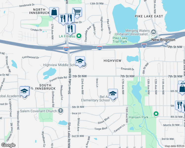 map of restaurants, bars, coffee shops, grocery stores, and more near 744 22nd Avenue Northwest in New Brighton