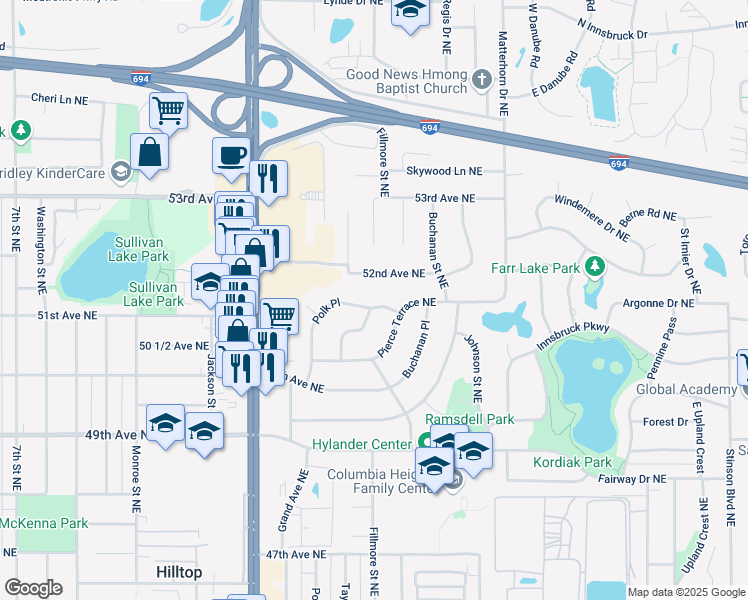 map of restaurants, bars, coffee shops, grocery stores, and more near 1175 Polk Place in Minneapolis
