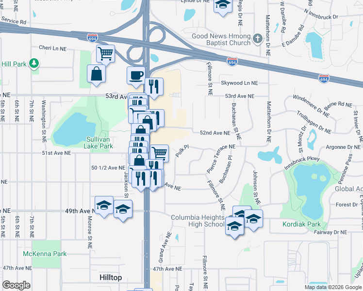 map of restaurants, bars, coffee shops, grocery stores, and more near 1105 Polk Place in Minneapolis