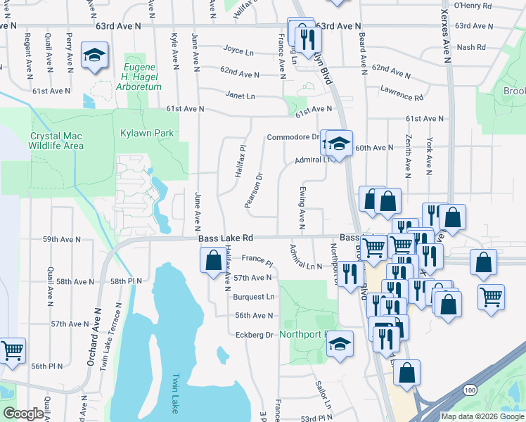 map of restaurants, bars, coffee shops, grocery stores, and more near 5831 Admiral Lane North in Minneapolis