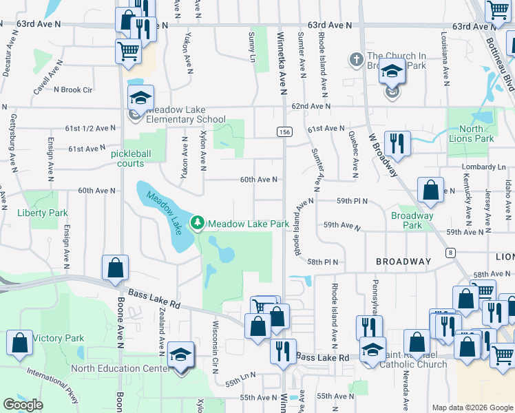 map of restaurants, bars, coffee shops, grocery stores, and more near 5921 Virginia Avenue North in Minneapolis