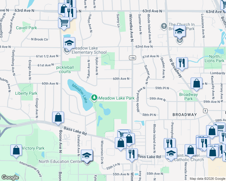 map of restaurants, bars, coffee shops, grocery stores, and more near 5921 Virginia Avenue North in Minneapolis