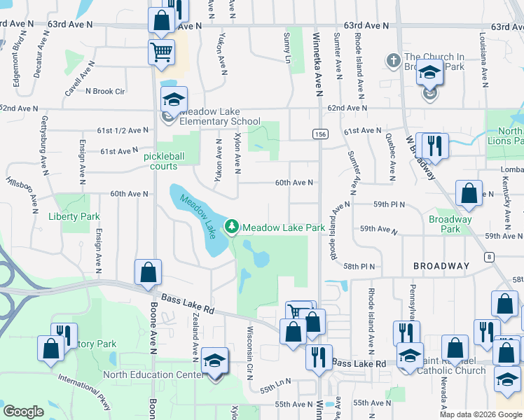 map of restaurants, bars, coffee shops, grocery stores, and more near 5931 Wisconsin Circle North in Minneapolis