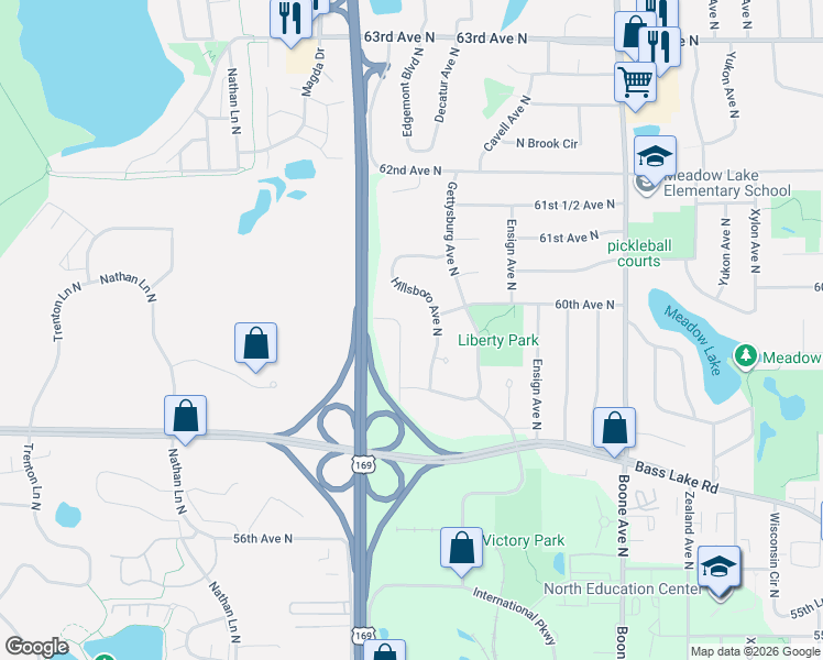map of restaurants, bars, coffee shops, grocery stores, and more near 5946 Independence Avenue North in Minneapolis