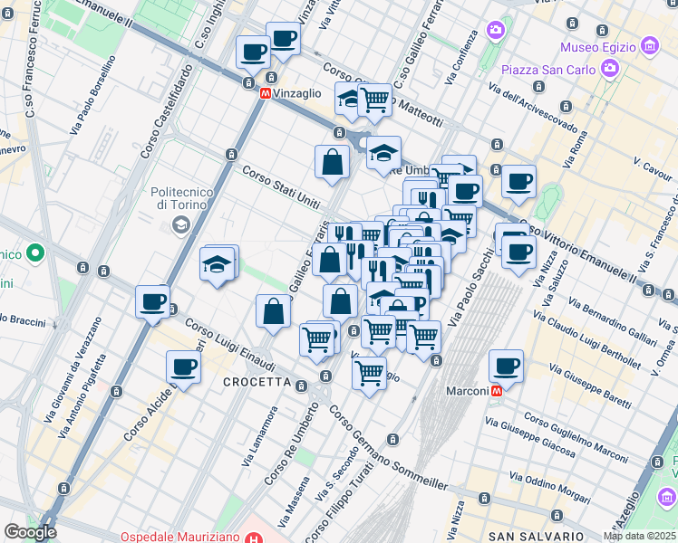 map of restaurants, bars, coffee shops, grocery stores, and more near 16 Via Alfonso Lamarmora in Torino