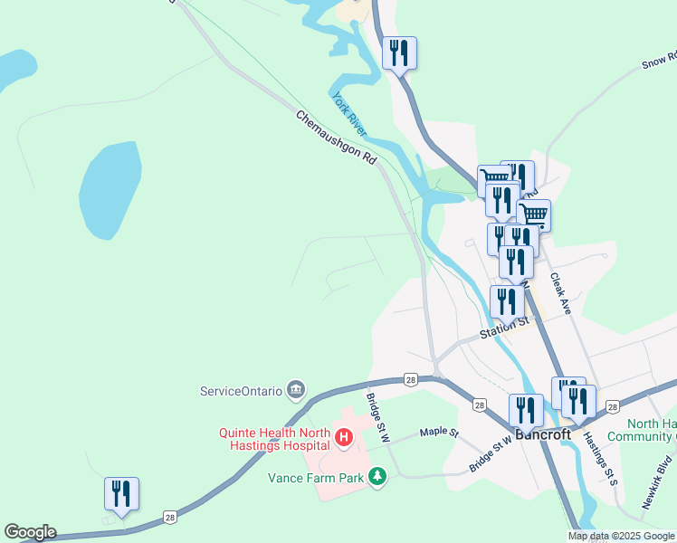 map of restaurants, bars, coffee shops, grocery stores, and more near 19 Ridge Road in Bancroft