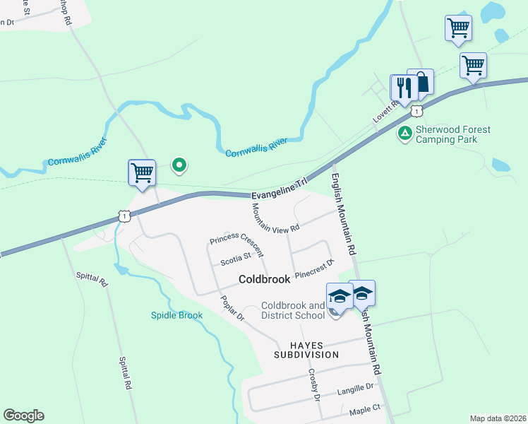 map of restaurants, bars, coffee shops, grocery stores, and more near 2670 Mountain View Road in Coldbrook