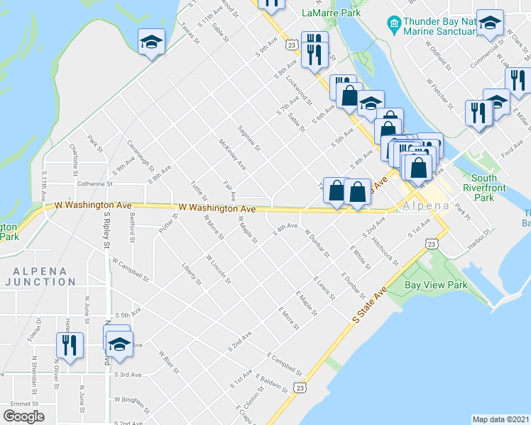 map of restaurants, bars, coffee shops, grocery stores, and more near 402 West Washington Avenue in Alpena