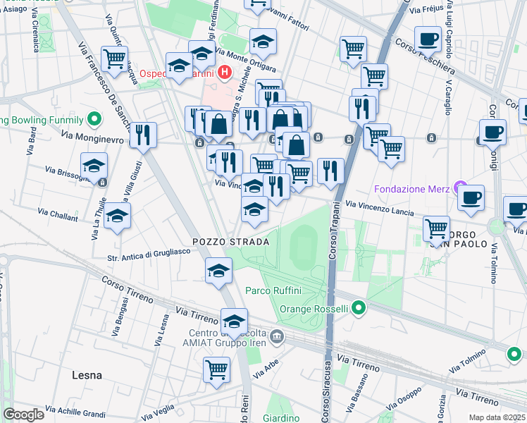 map of restaurants, bars, coffee shops, grocery stores, and more near 7 Via Monte Cristallo in Torino