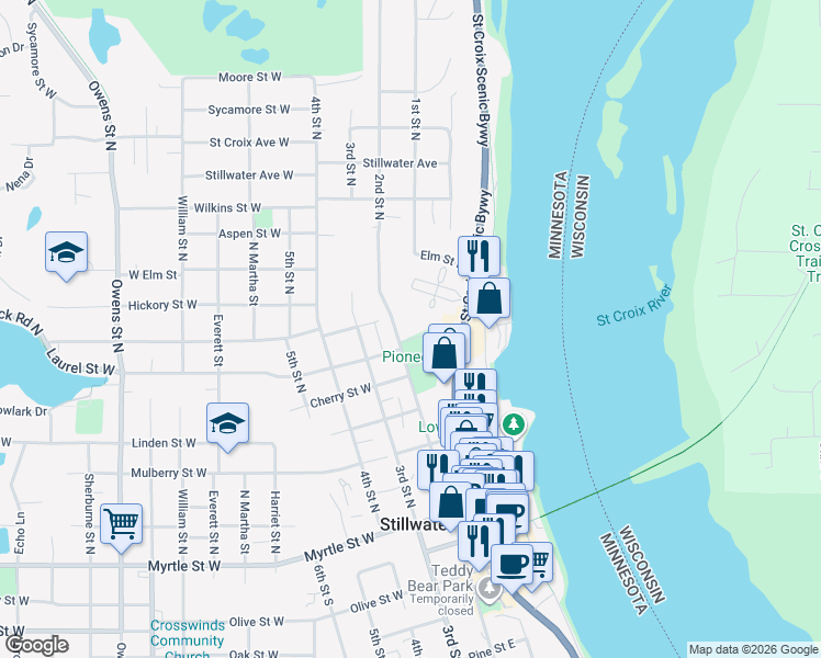 map of restaurants, bars, coffee shops, grocery stores, and more near 210 Laurel Street East in Stillwater
